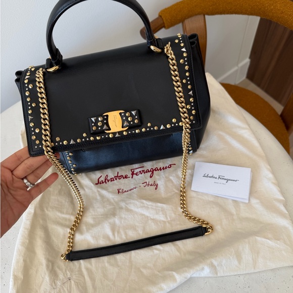 Salvatore Ferragamo Black Leather Satchel with Gold & Silver Studs - Picture 3 of 11